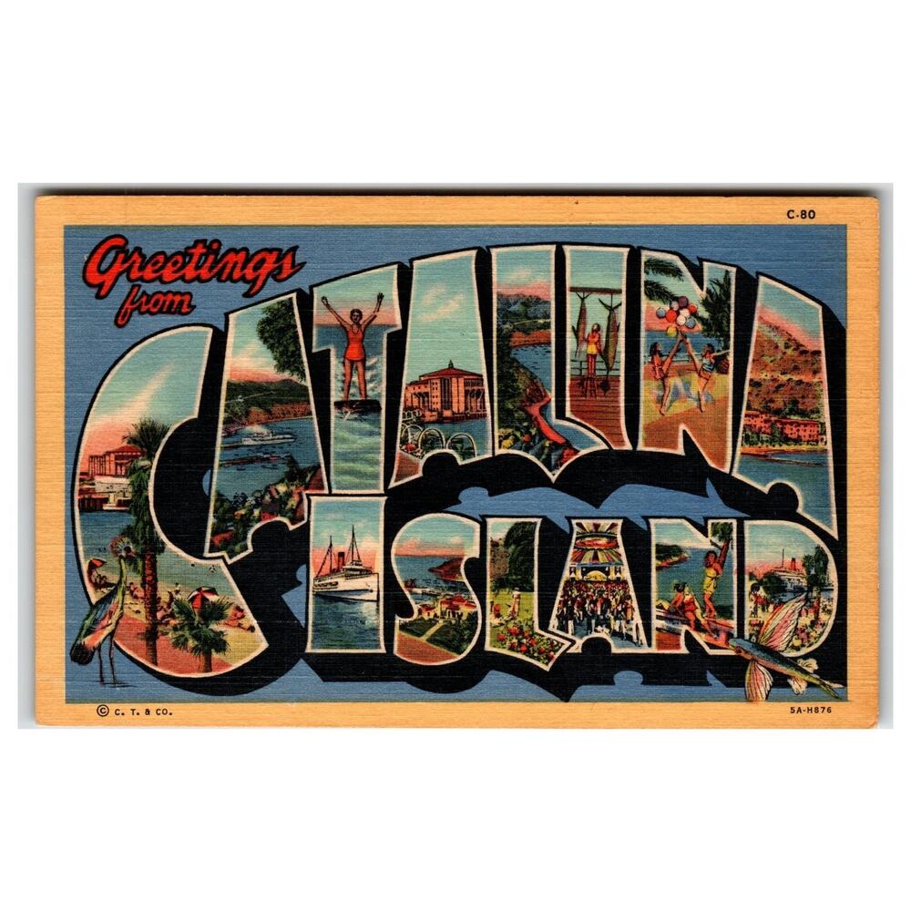Greetings from Catalina Island Large Letter Linen Postcard Curt Teich 1930s